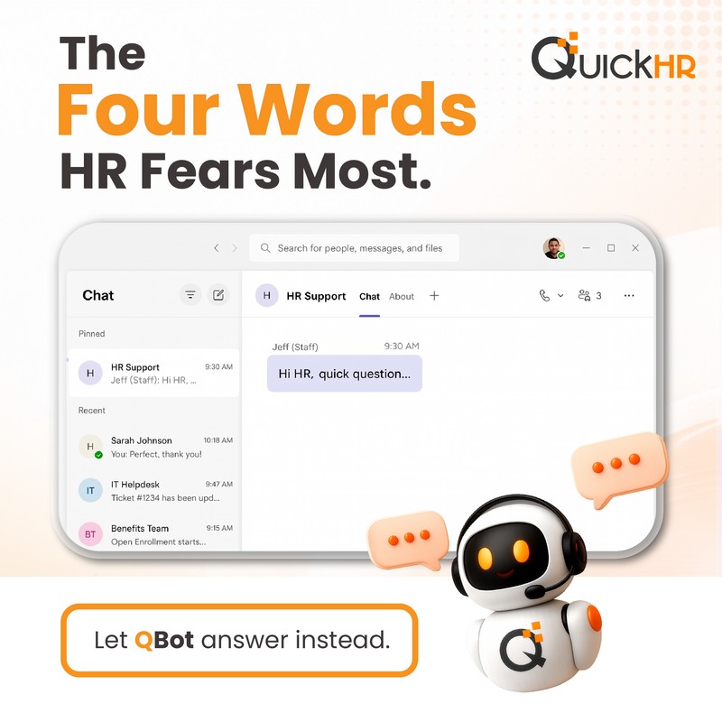 QuickHR creative reading The Four Words HR Fears Most above a chat interface and assistant bot