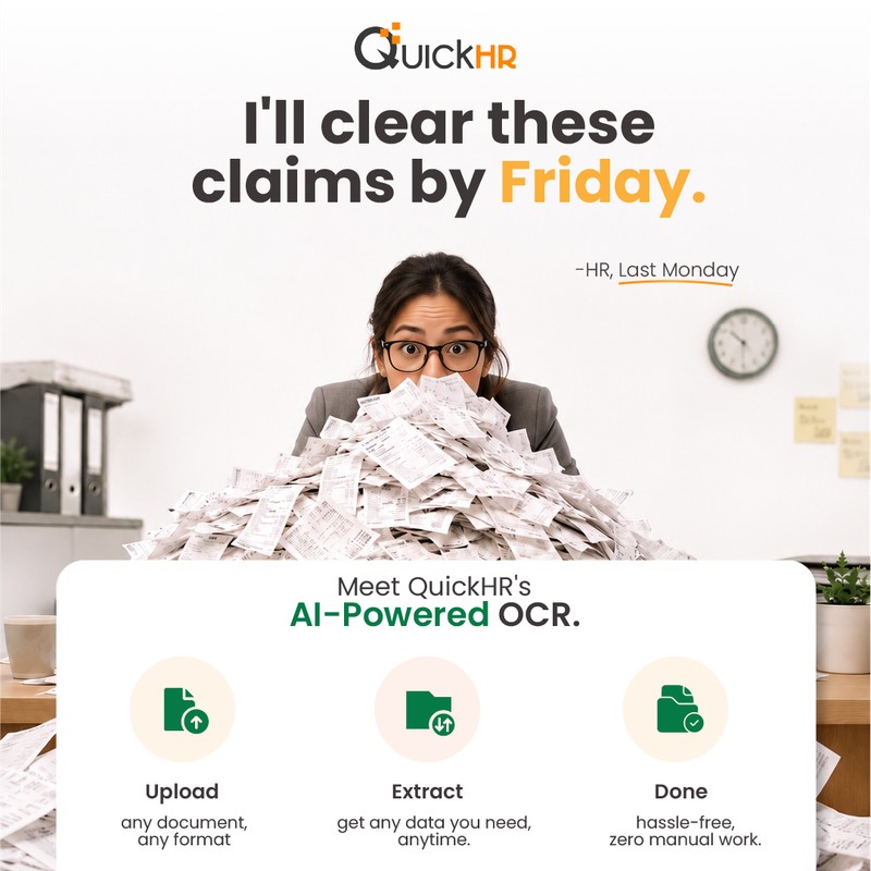 QuickHR creative with an HR officer behind stacked paperwork and an AI-powered OCR three-step explainer