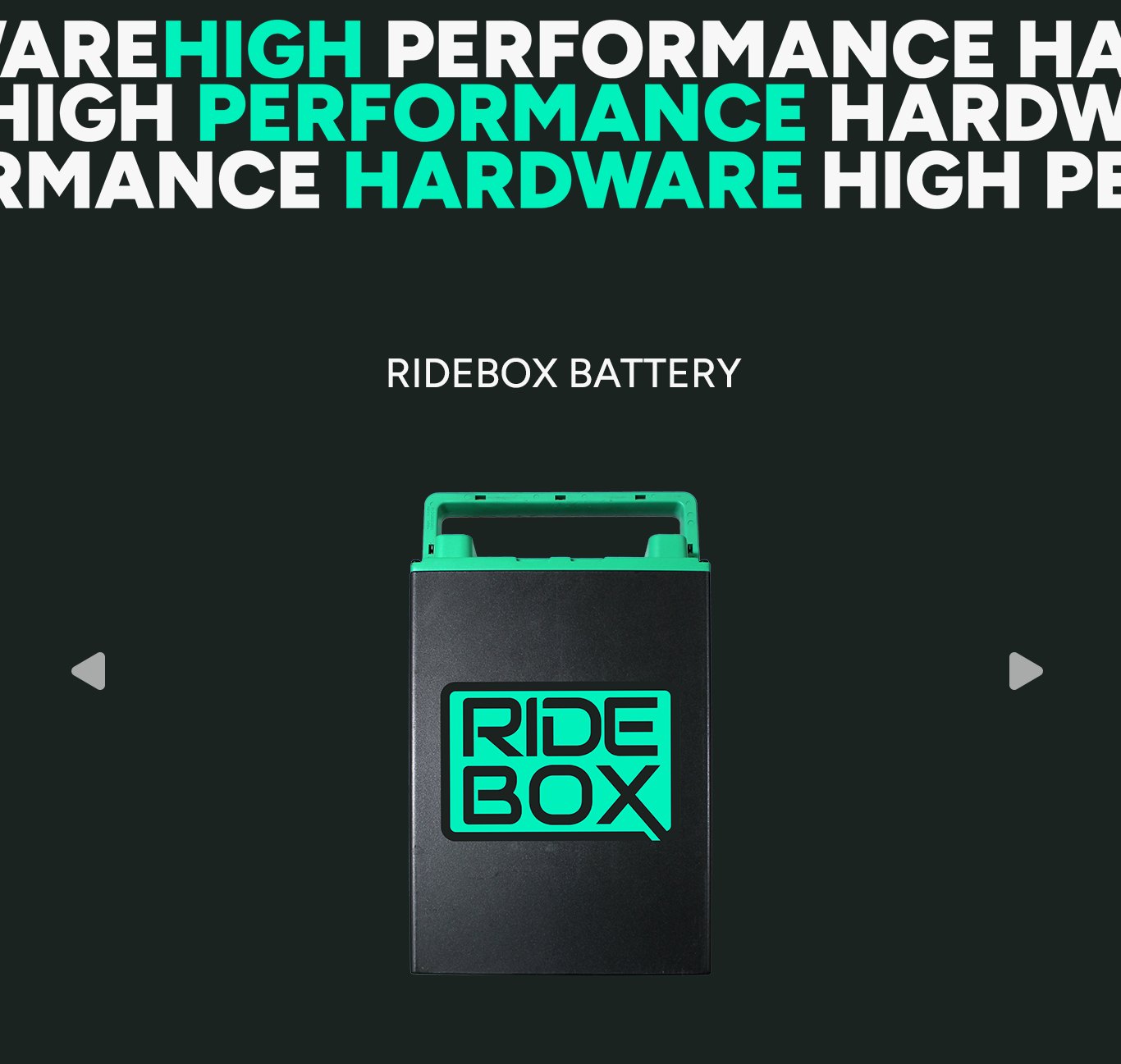 RideBox swappable battery product render on a dark background with a green handle