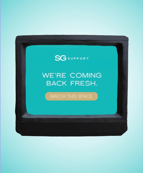 Stop-motion style animated frame of a clay television showing the SG Support teaser message We're coming back fresh