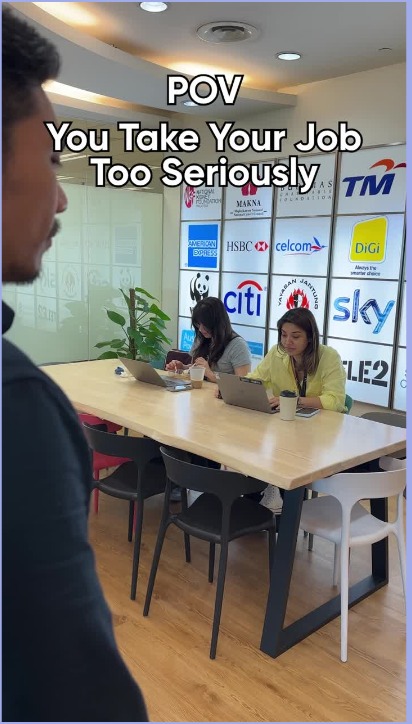 SG Support video frame captioned POV You Take Your Job Too Seriously showing an office with client logos on screens