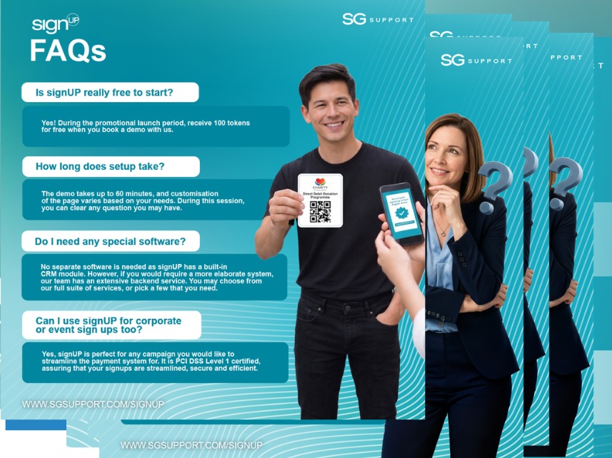 signUP FAQ collateral layout with question and answer blocks and two presenters holding devices