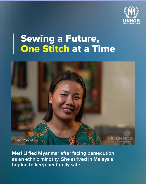 UNHCR social video frame titled Sewing a Future, One Stitch at a Time with a portrait of Meri Li